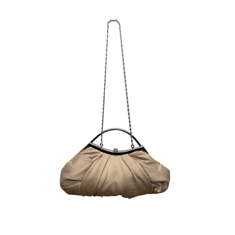 Lulu Townsend Women’s Beige Satin With Chain Strap  Pleated Clutch Evening Bag